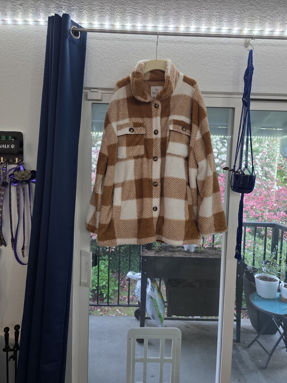 White Mark Plush Plaid Shacket in White and Camel
